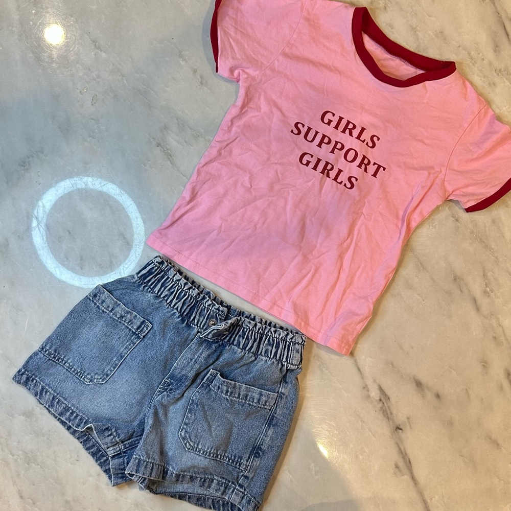 Pink Graphic Tee and Denim Shorts Set